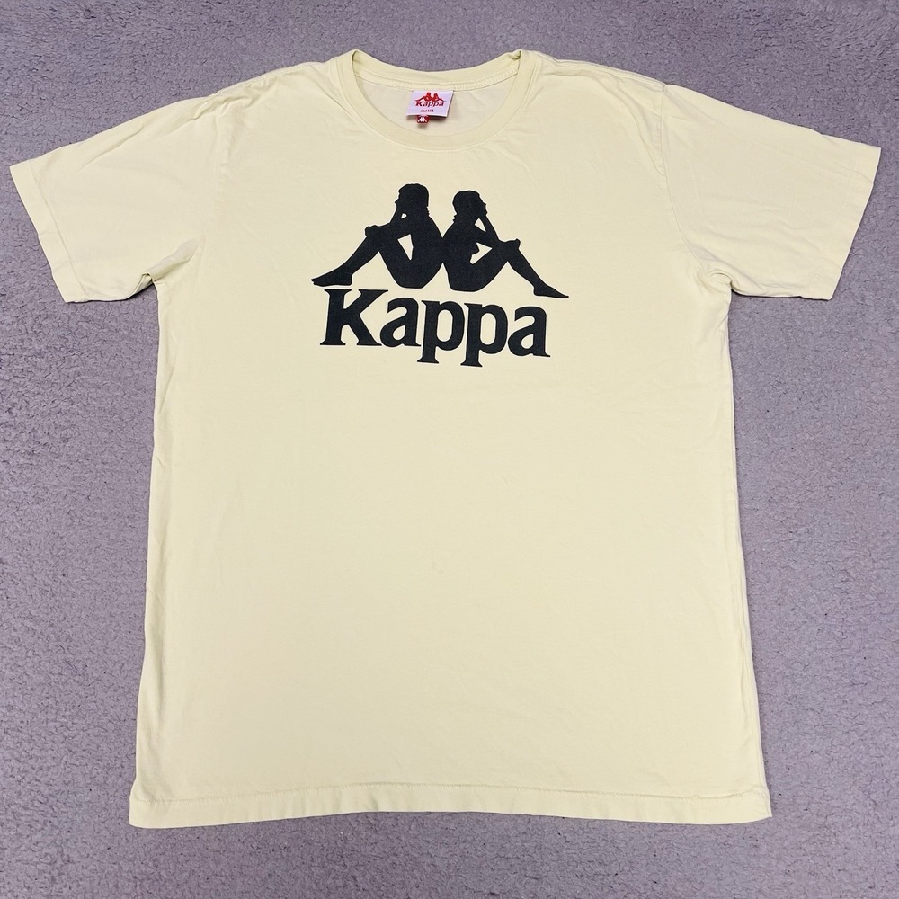 Kappa T Shirt Men's Size S Light Yellow Black Omini Spell Out Logo Tee Retro Y2k